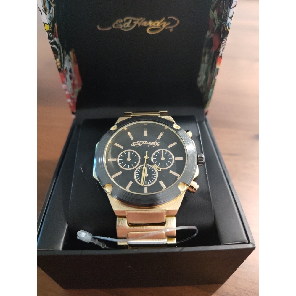 Ed Hardy Mens Gold Tone Chronograph Watch Black Dial Stainless Steel Bracelet